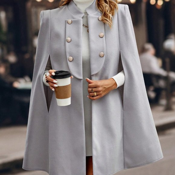 Light Grey Casual Womens Cloak Sleeve Double Breasted Cape Overcoat - Picture 3 of 5